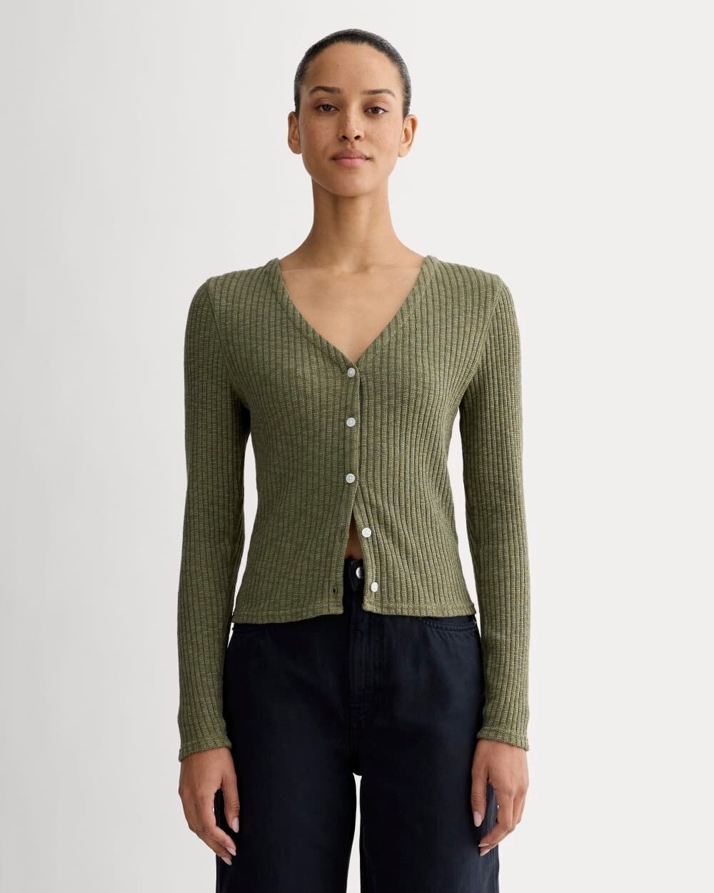 NWT Everlane The Cozy Rib V-Neck Cardigan In Kalamata Olive Green Size Medium